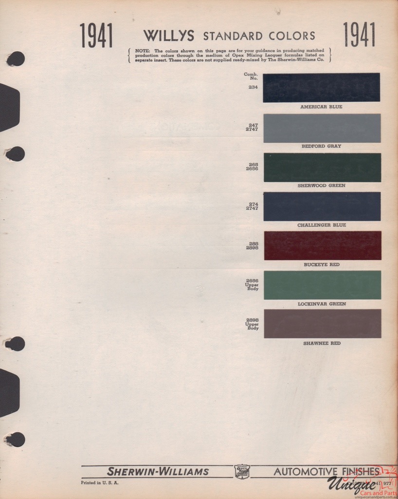 1941 Willys Paint Charts Williams 1